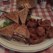 Fanelli's Cafe - New York, NY, United States. Trusty chicken club with O rings. Heaven.