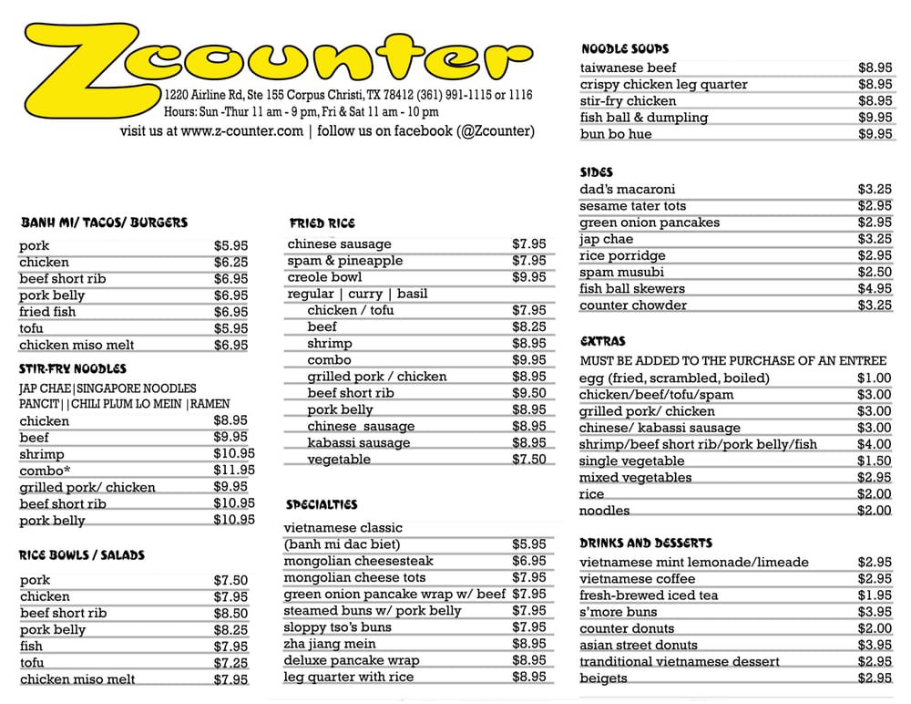 Online Menu Of Z Counter Restaurant Corpus Christi Texas 78412