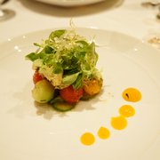 Dungeness Crab Salad with Melons, Cucumbers, Roasted Eggplant and Thai Mango Dressing