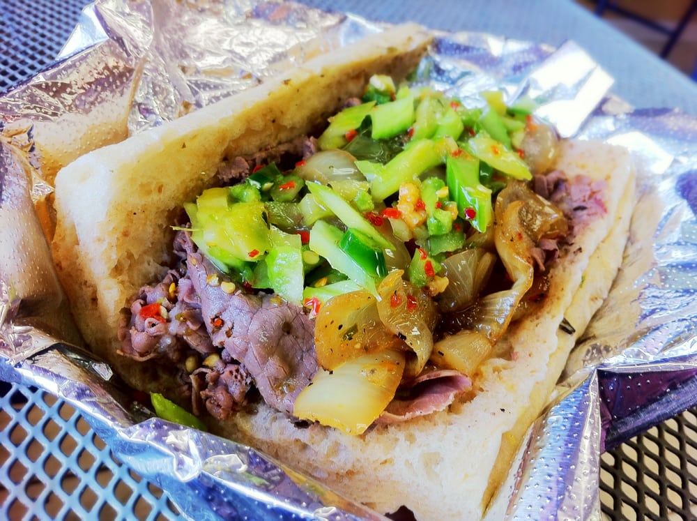 Portillo's big Italian beef sandwich with mozzarella cheese and hot