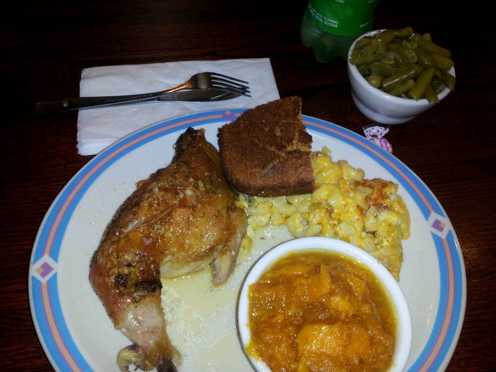 Baked chicken qtr, mac n cheese, yams, green beans and cornbread. Yelp