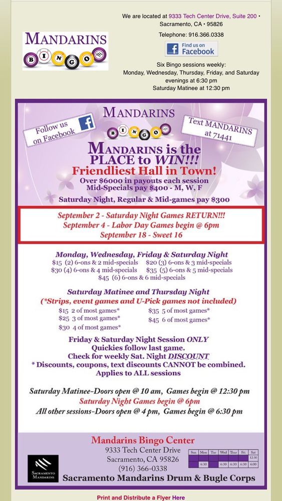 Mandarins Bingo Center Bingo Halls 9333 Tech Center Dr, Sacramento