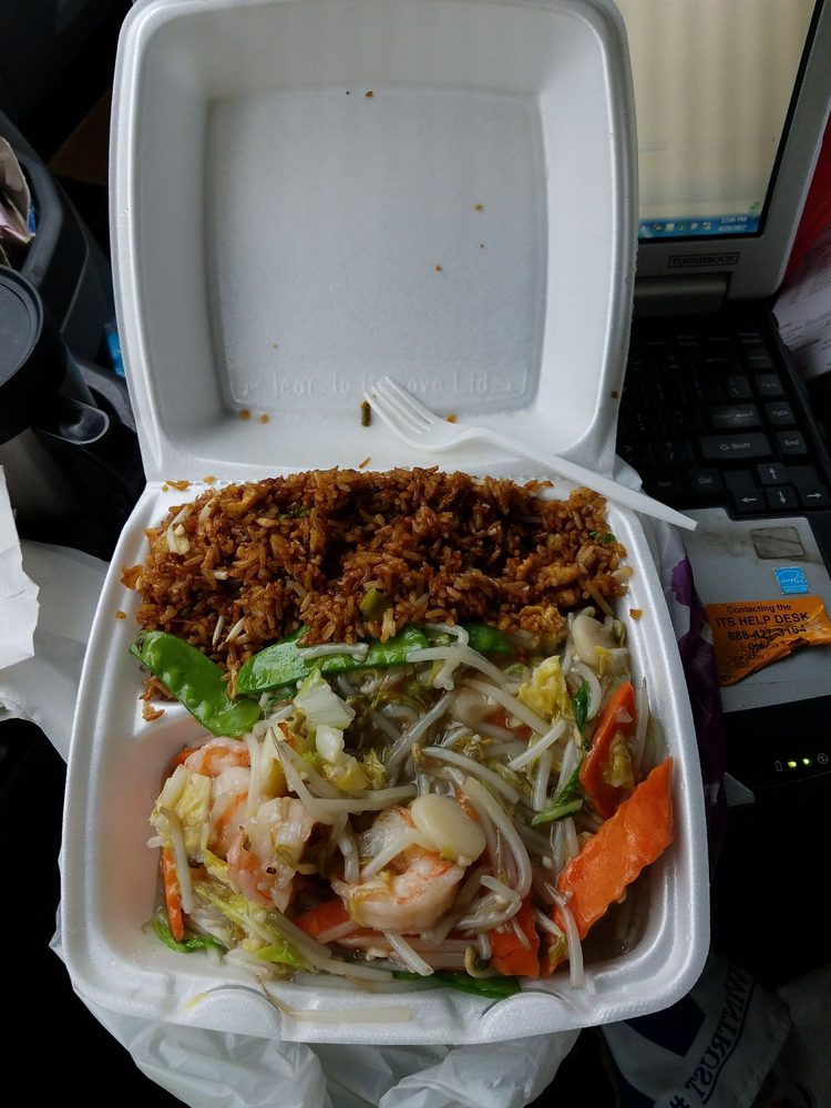 Great Shrimp Chop Suey Fried Rice Eggroll And Can Of Pop All