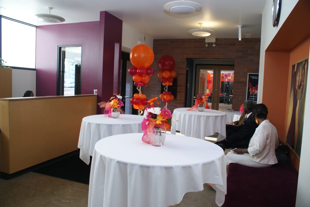 the lobby we removed the usual chairs and added 3 highboy tables