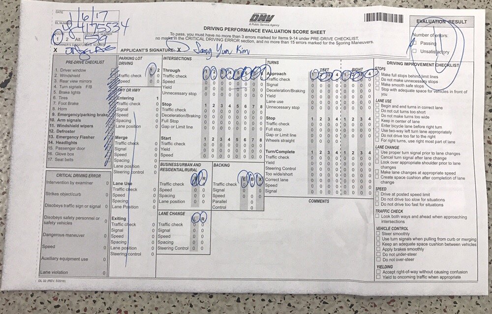 car available for driving test yelp driving performance evaluation score sheet
