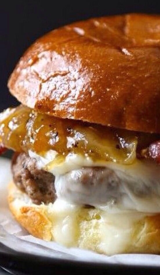 Burger At Black Bear Inn Brioche Bun Bacon Jam Swiss