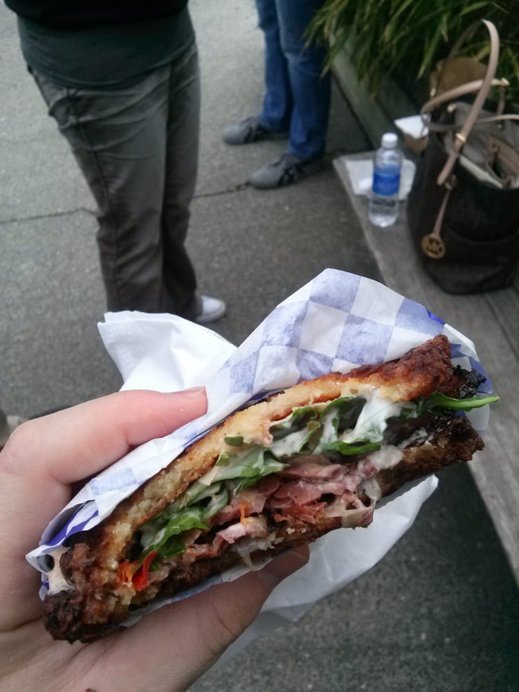 Delicious pastrami latke sandwich on opening day! Yelp