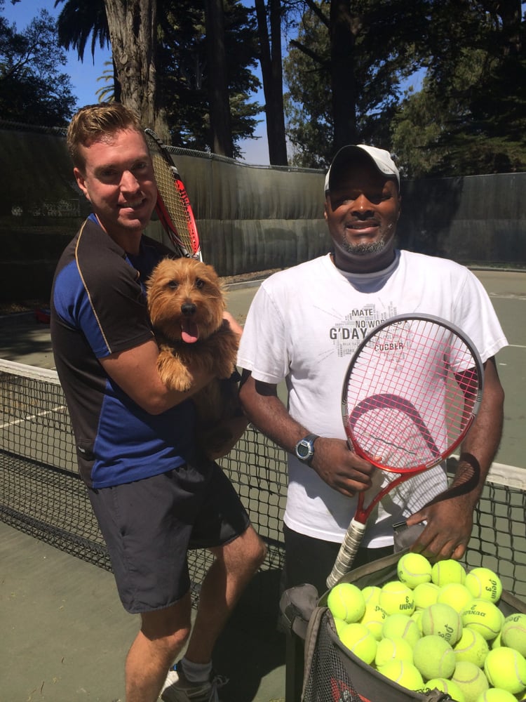Photo of Tennis Lessons By Mcclain - San Francisco, CA, United States. Coach Mcclain and his client Trevin and the worlds most adorable dog Oliver