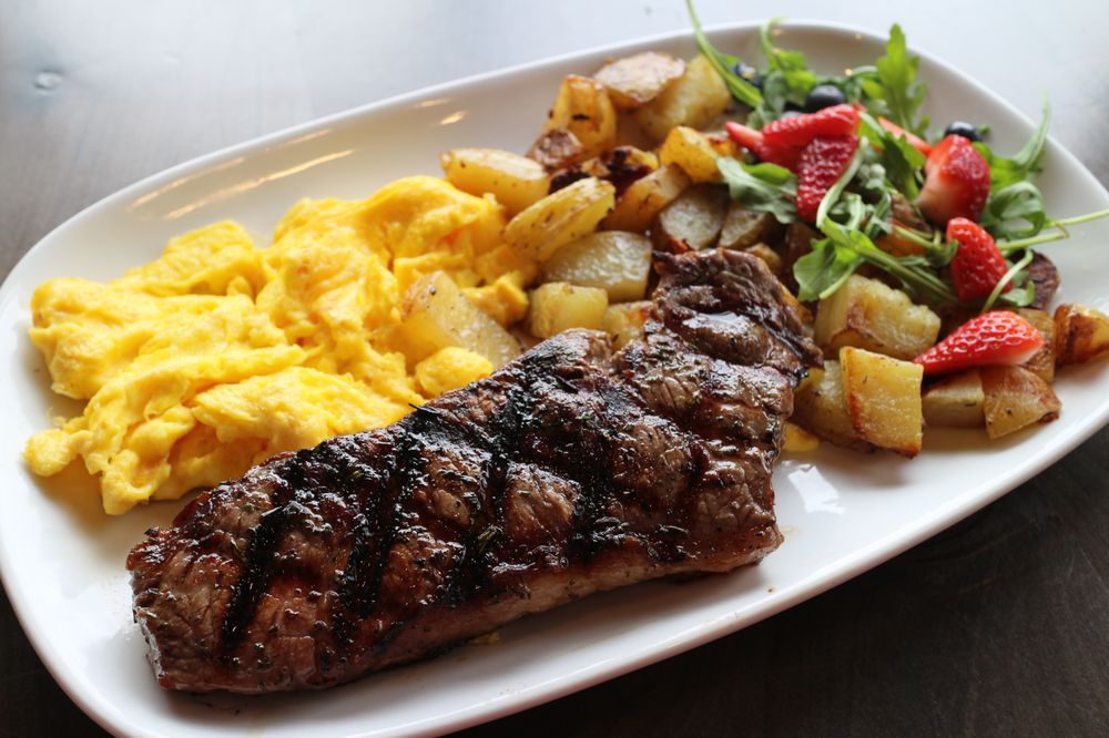 Steak And Eggs Grilled New York Strip Scrambled Side Photo Of Fresco At The Gardens Rockford Il United States Steak And
