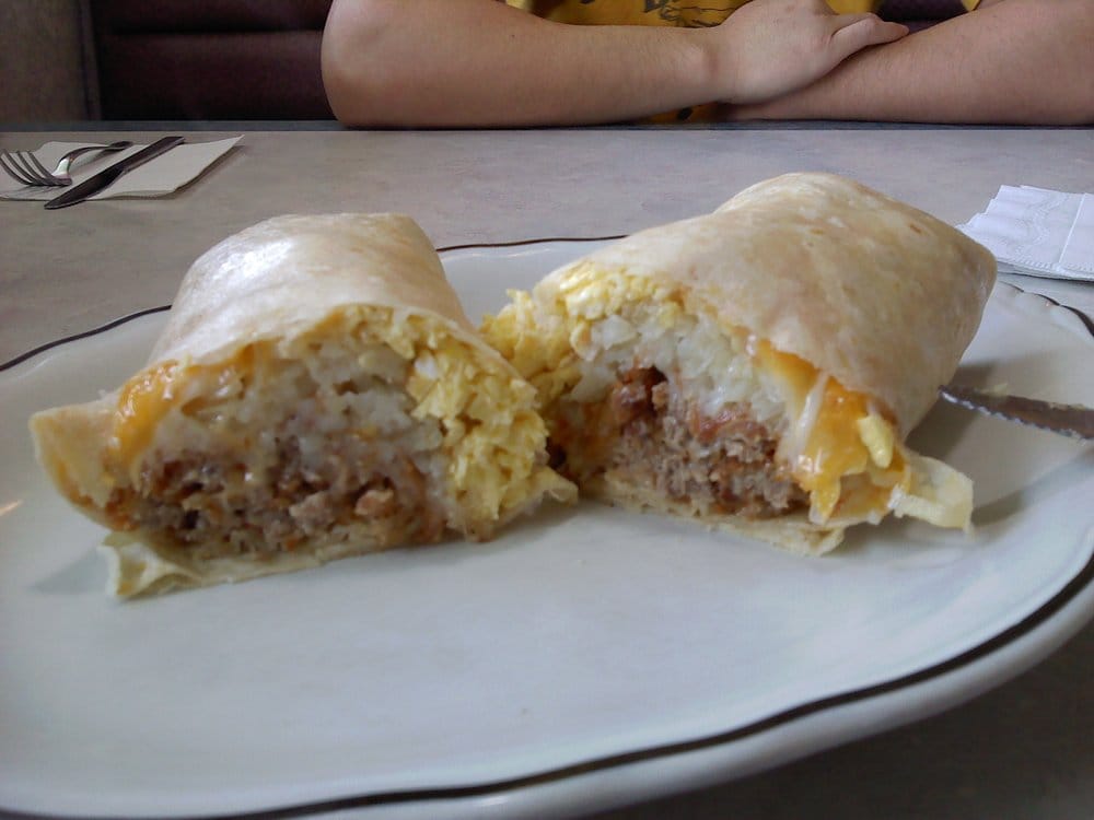 Chicken fried steak burrito eggs, hashbrowns, chicken fried steak