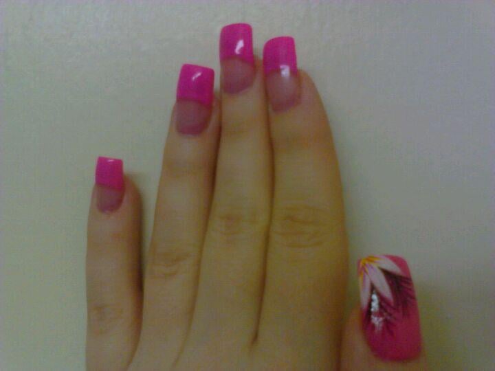 Hot Pink French Tip Painted Design Not Fashion Tips W Flower Photo Of Ten Fabulous Nails San Leandro Ca United States Hot Pink