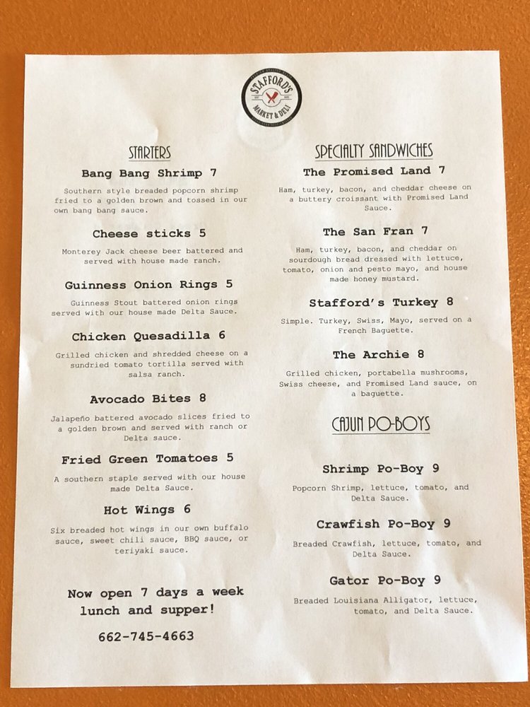 Stafford’s on Main Delis 119 N Main St, Drew, MS Restaurant