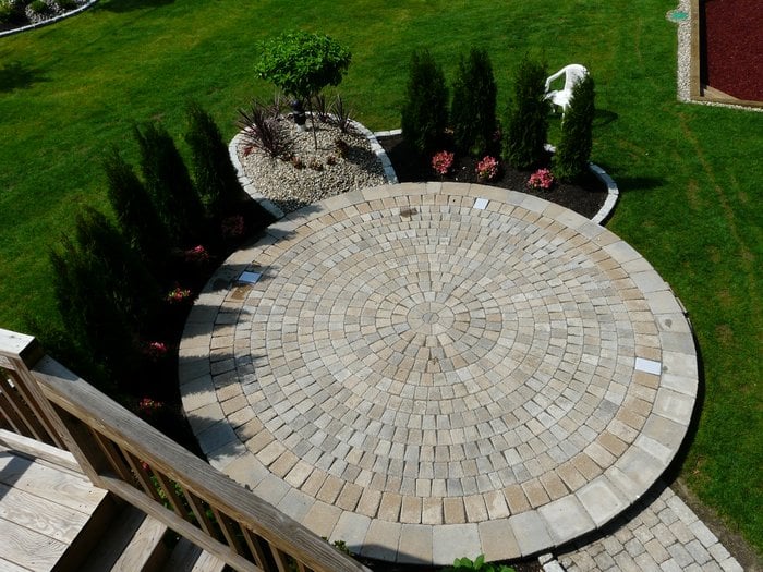 Circular Paver Patio With Planting And Stonescaping Around Border - Yelp Photo of Done Right Landscape - Newton, MA, United States. Circular Paver Patio - Circular Paver Patio With Planting And Stonescaping Around Border - Yelp