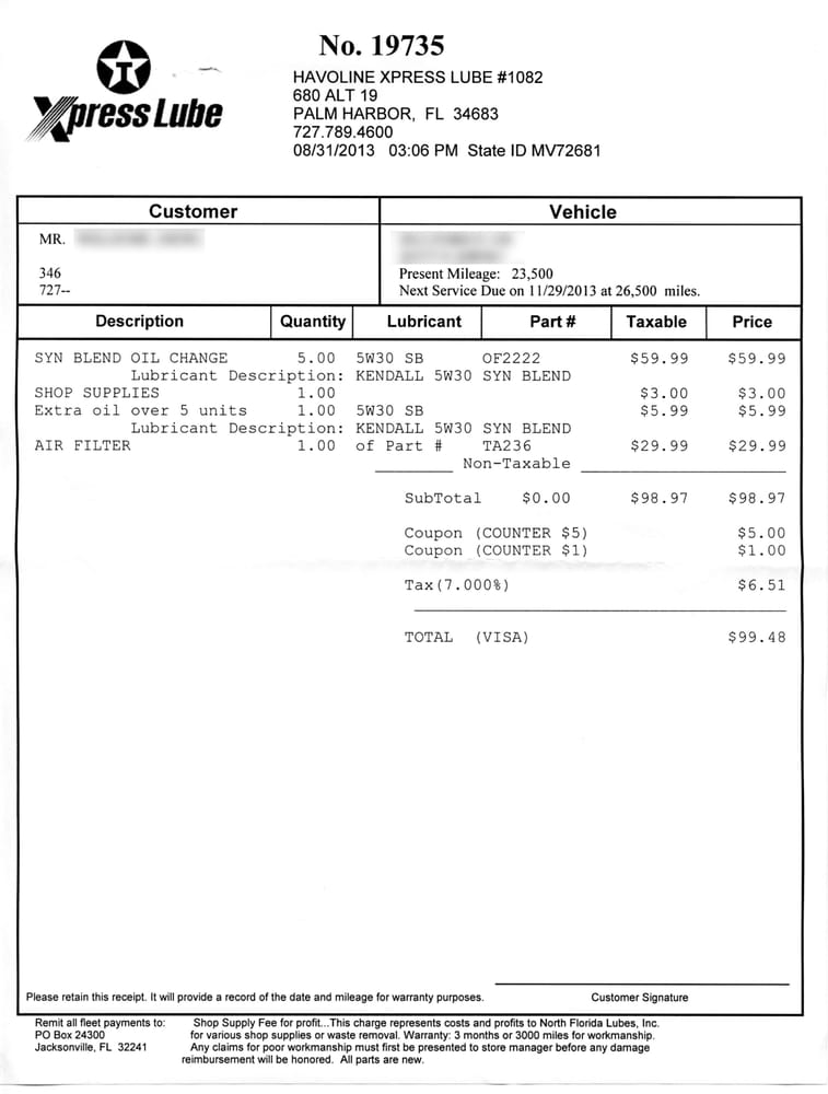 invoice for 6000 oil change also includes air filter