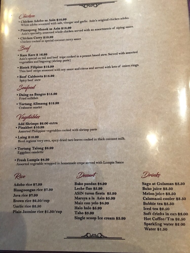 Online Menu Of Asin Filipino Cuisine Restaurant Caldwell New