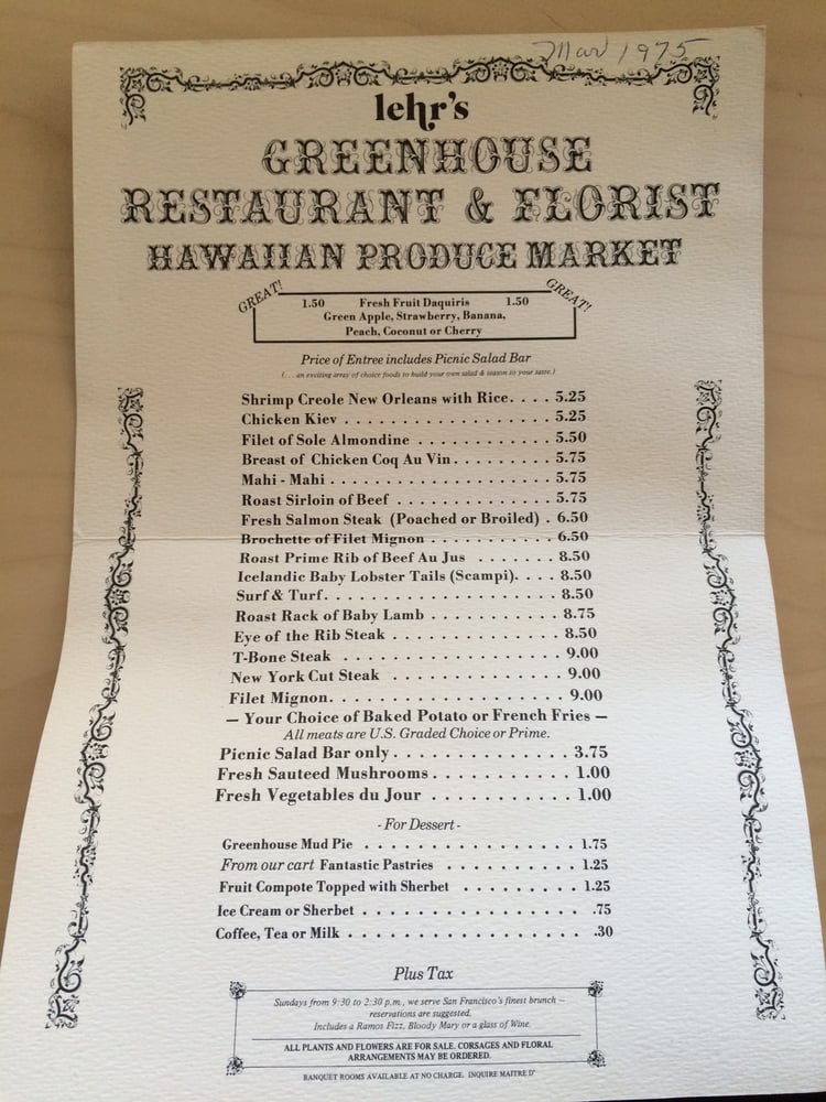 Photo of Lehr's Greenhouse Restaurant - San Francisco, CA, United States. Hoping someone who cares will see these. Love the prices and the artwork!
