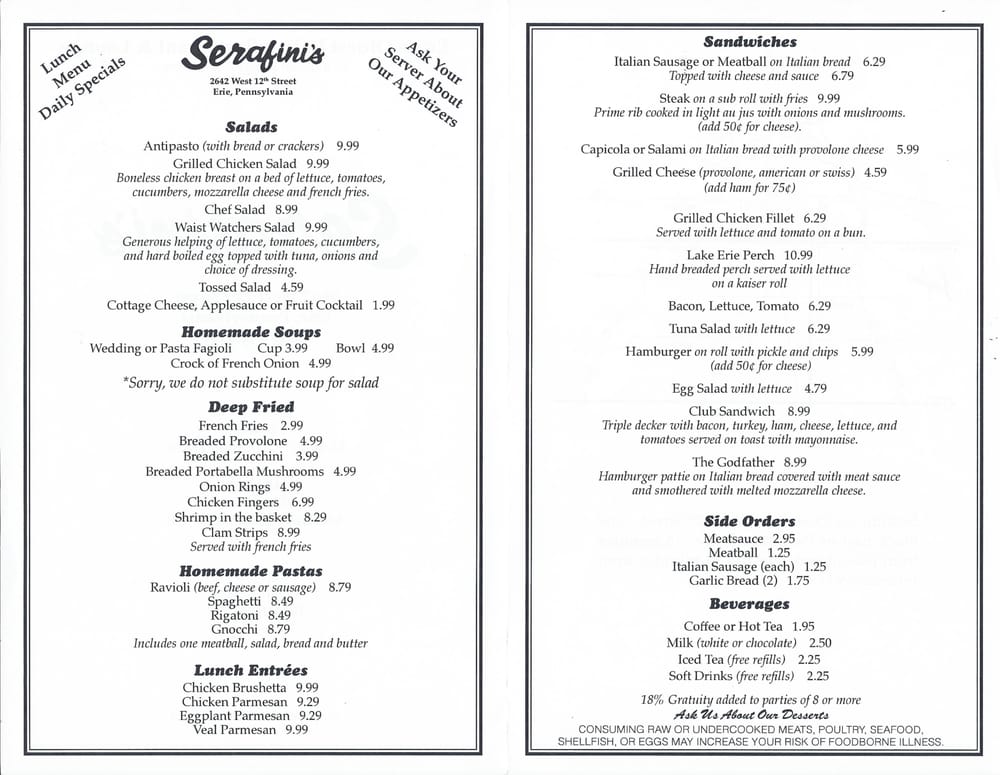 Serafini S Restaurant Erie Pa Menu Serafini S Restaurant Erie Pa Menu