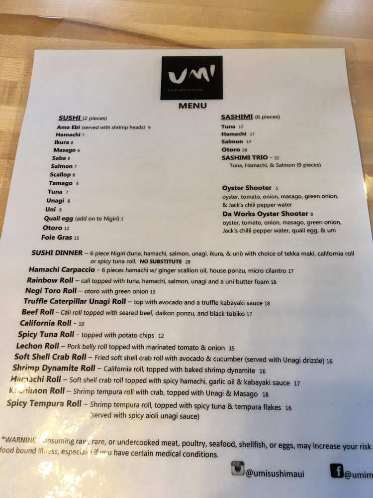 Online Menu Of Umi Restaurant Wailuku Hawaii 96793 Zmenu
