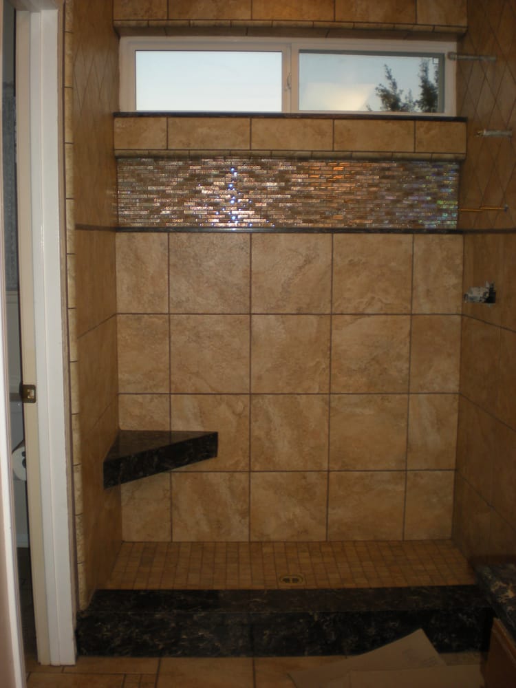Porcelain Tile Shower With Quartz Seat Curb Shelf And Window Sill Photo Of Malin Tile Flooring Los Angeles Ca United States Porcelain