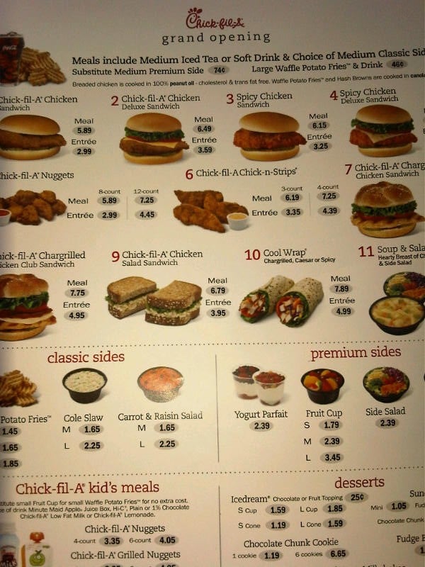 Menu they gave me at the drivethru ChickfilA 4/11/13 Yelp