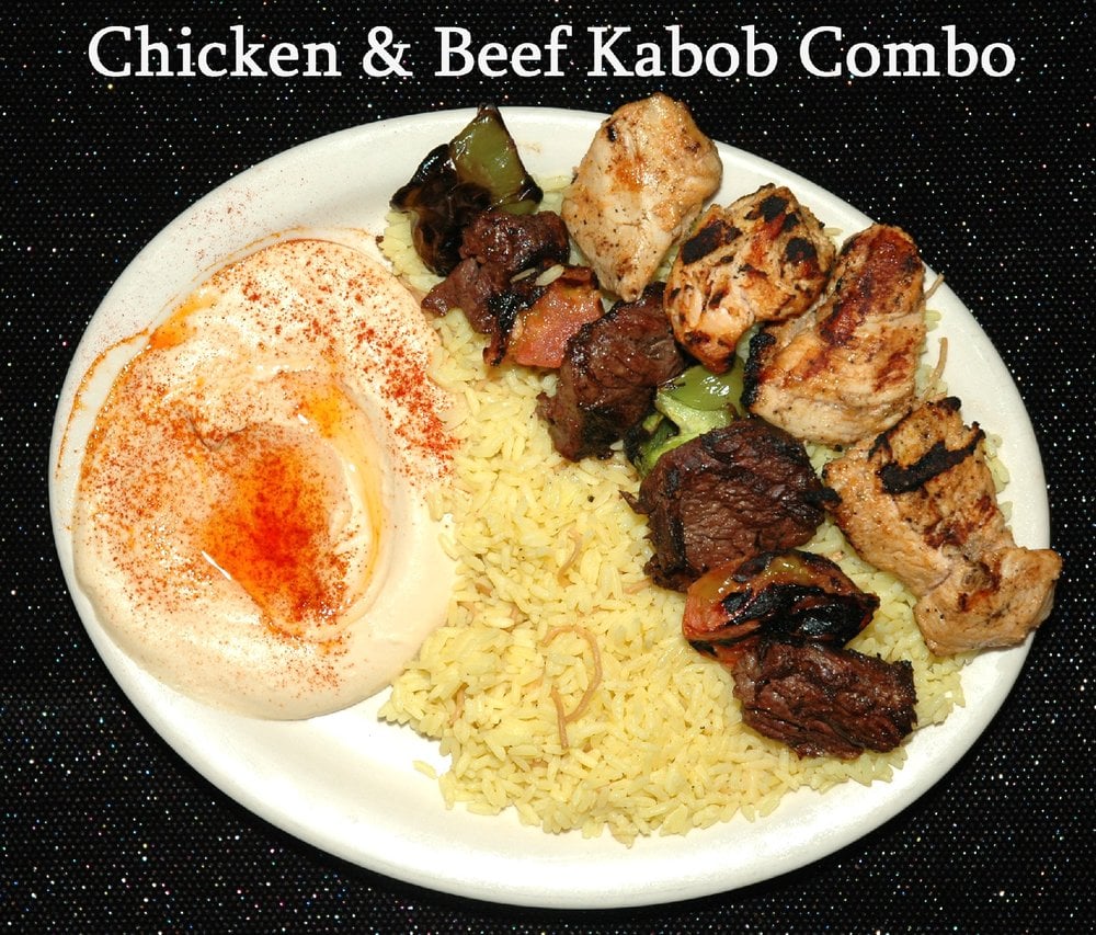 Chicken & Beef Kabob plate with rice & hummus - Yelp Chicken & Beef Kabob plate with rice & hummus - Yelp