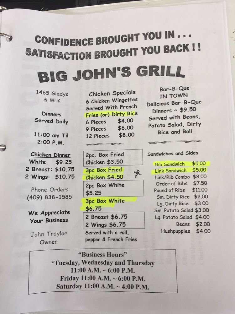 Online Menu of Big Johns Grill Restaurant, Beaumont, Texas, 77701 Zmenu