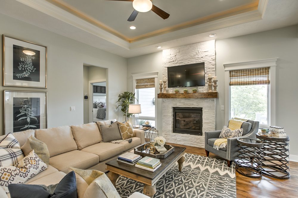 neutral modern farmhouse living room with stone fireplace. - yelp