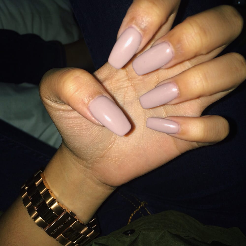 Neutral Beige Coffin Shaped Acrylic Gel Nails No Cuts Yelp Photo Of Pearl Nails Salon City Hi United States Neutral