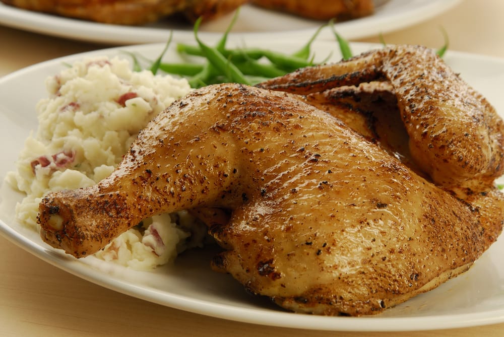 Roasted Half Chicken served with garlic mash potatoes & your choice of