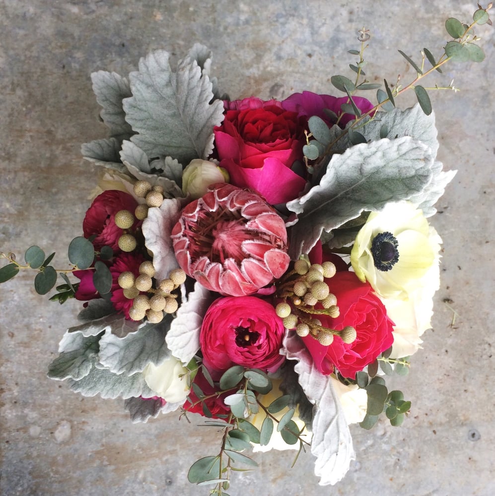 Bride Bouquet. January Wedding. Protea, Garden Roses ...