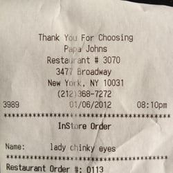 Photo of Papa Johns Pizza - New York, NY, United States. RACIST PAPA JOHN RECEIPT