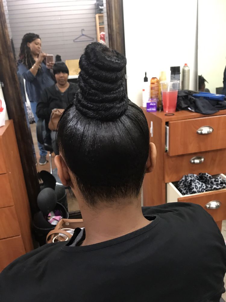 Top Knot Bun With Bangs Yelp