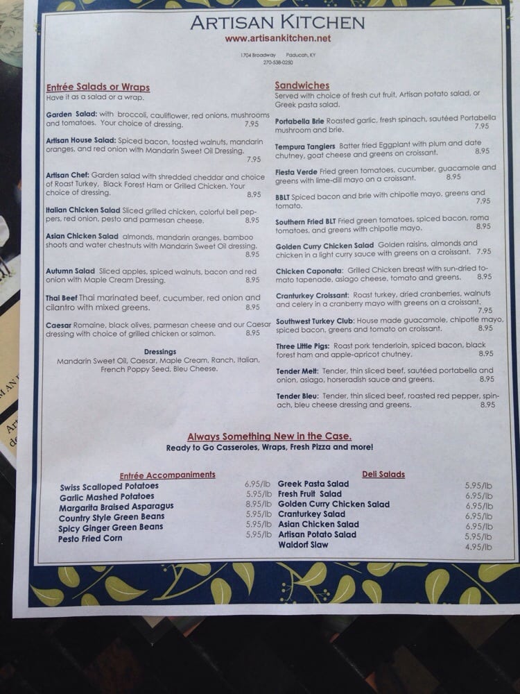 Online Menu Of Artisan Kitchen Restaurant Paducah Kentucky