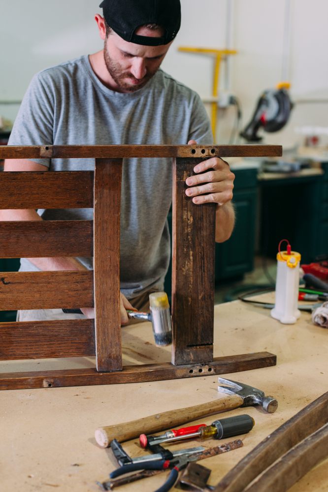 Sam Doing Some Repair Work To This Mission Style Antique - Antique Furniture Repair Denver Co Sam Doing Some Repair Work To This Mission Style Antique - Antique Furniture Repair Denver Co