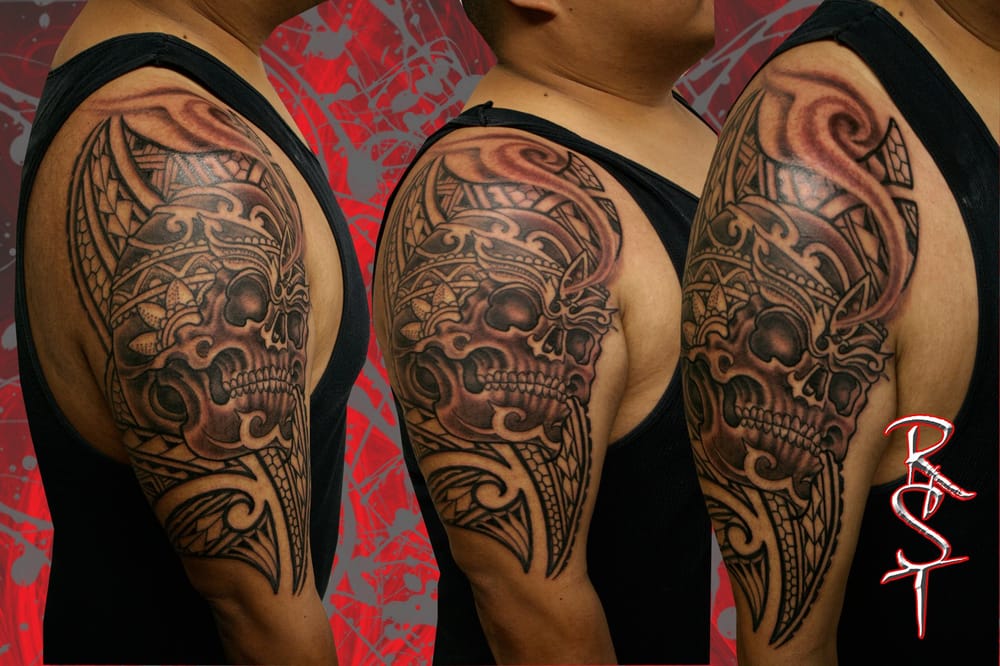 skull polynesian 1 2 sleeve clients first tattoo done in 1 skull polynesian 1 2 sleeve clients first tattoo done in 1