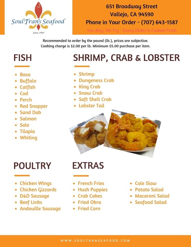 Online Menu of Soultrans Seafood Restaurant, Vallejo, California, 94590