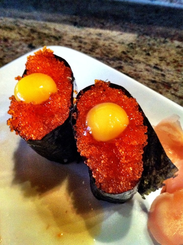 Flying fish roe with quail egg OK, but prefer spicy