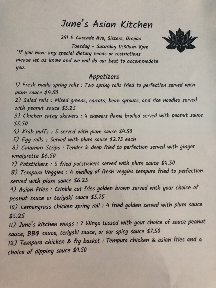 Online Menu Of Junes Asian Kitchen Restaurant Sisters Oregon