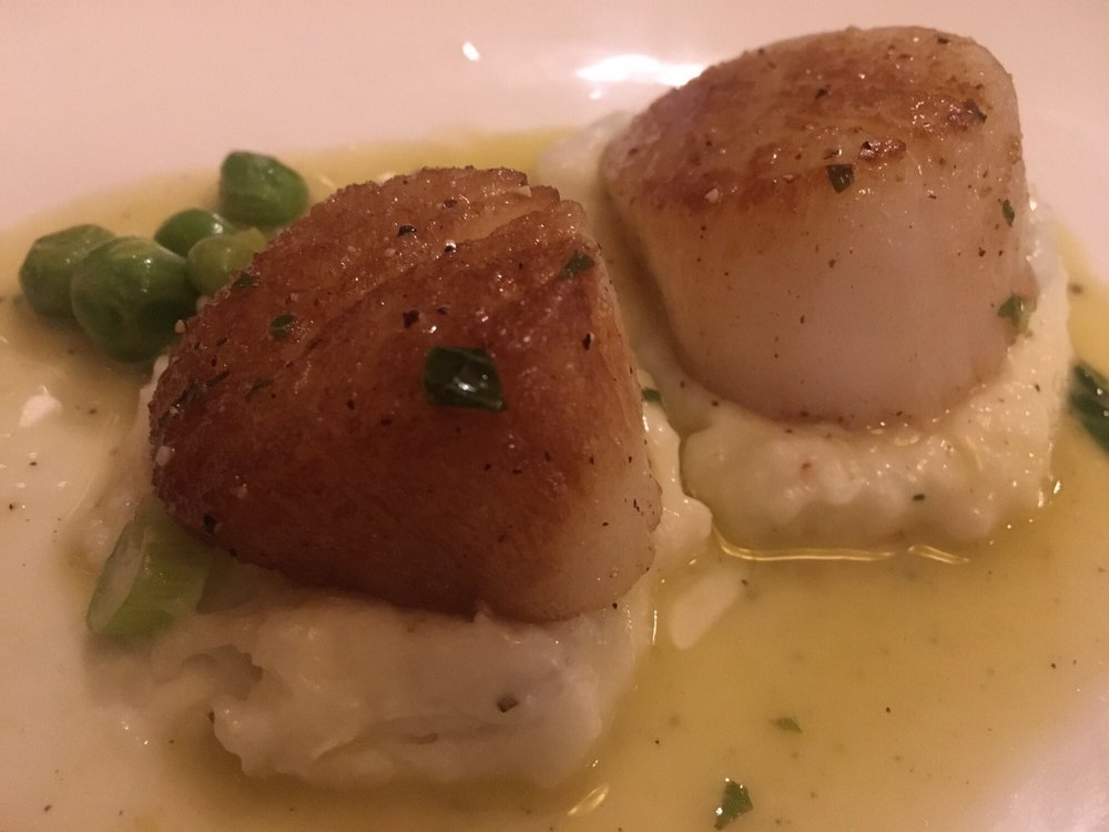 Scallops with bacon green onion white polenta and peas ...