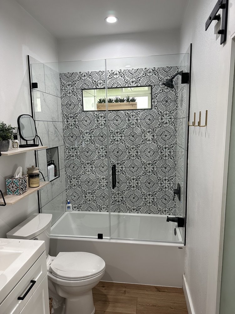 Artistic shower door glass railings