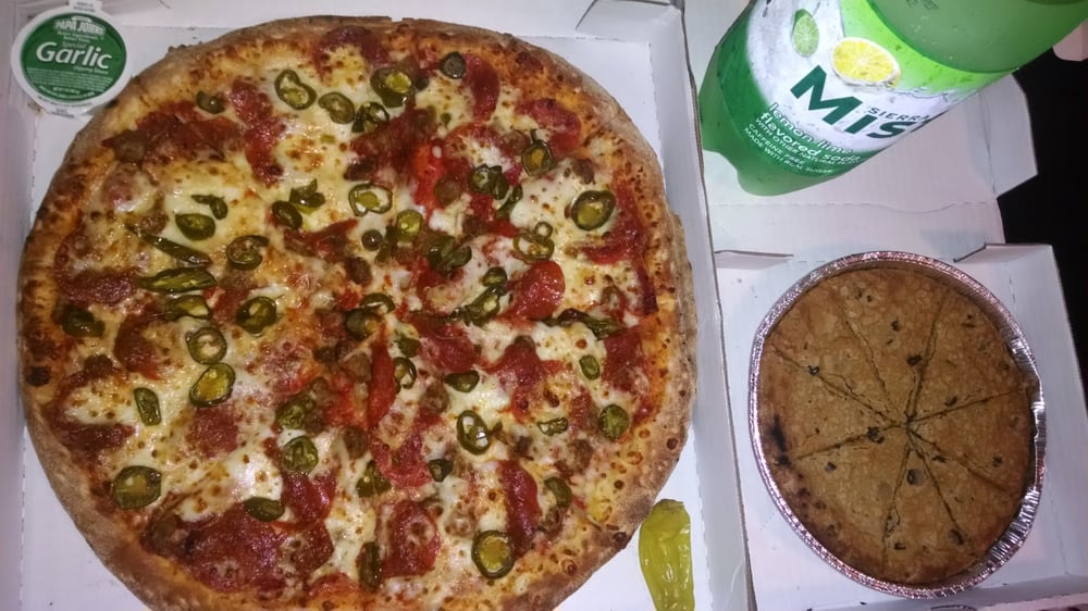 Large original zesty jalapeño meaty pizza, mega chocolate chip cookie