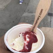 Olive oil ice cream with sea salt & strawberry balsamic sauce