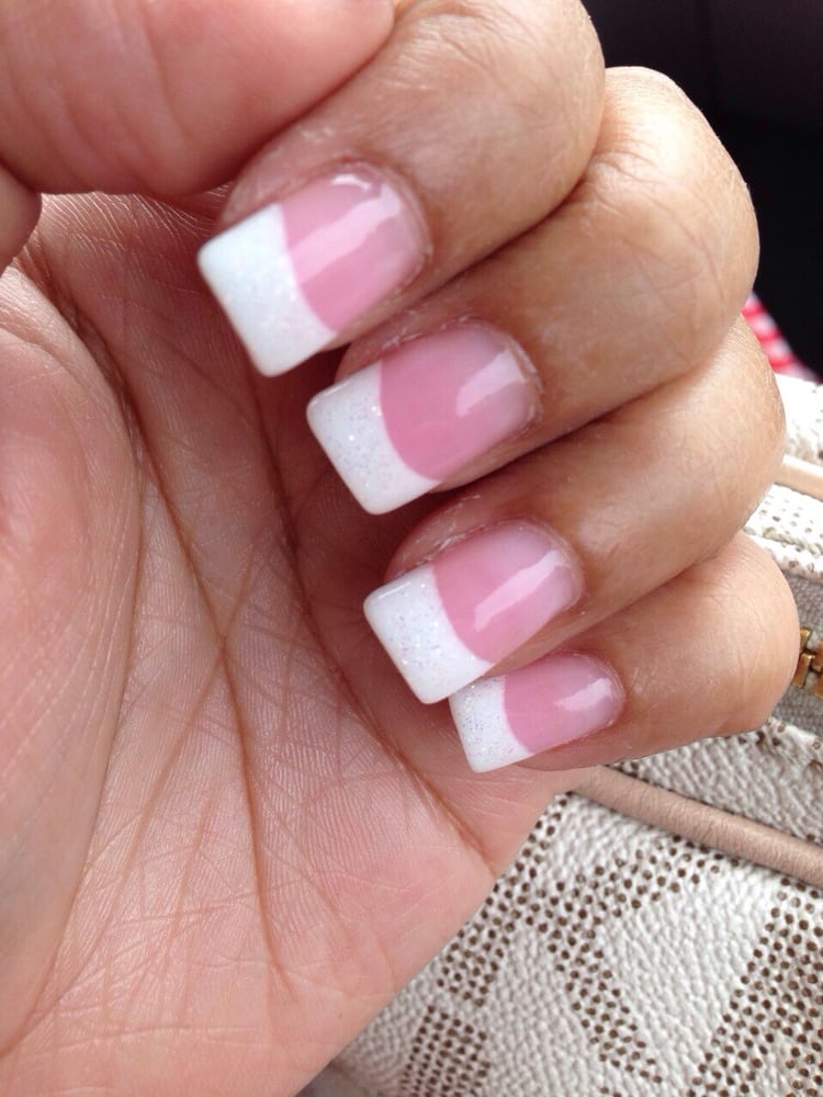 Gorgeous Pink And Glitter White Acrylic Permanent French Nails Done Photo Of Jenny Nails Valley Stream Ny United States Gorgeous Pink And