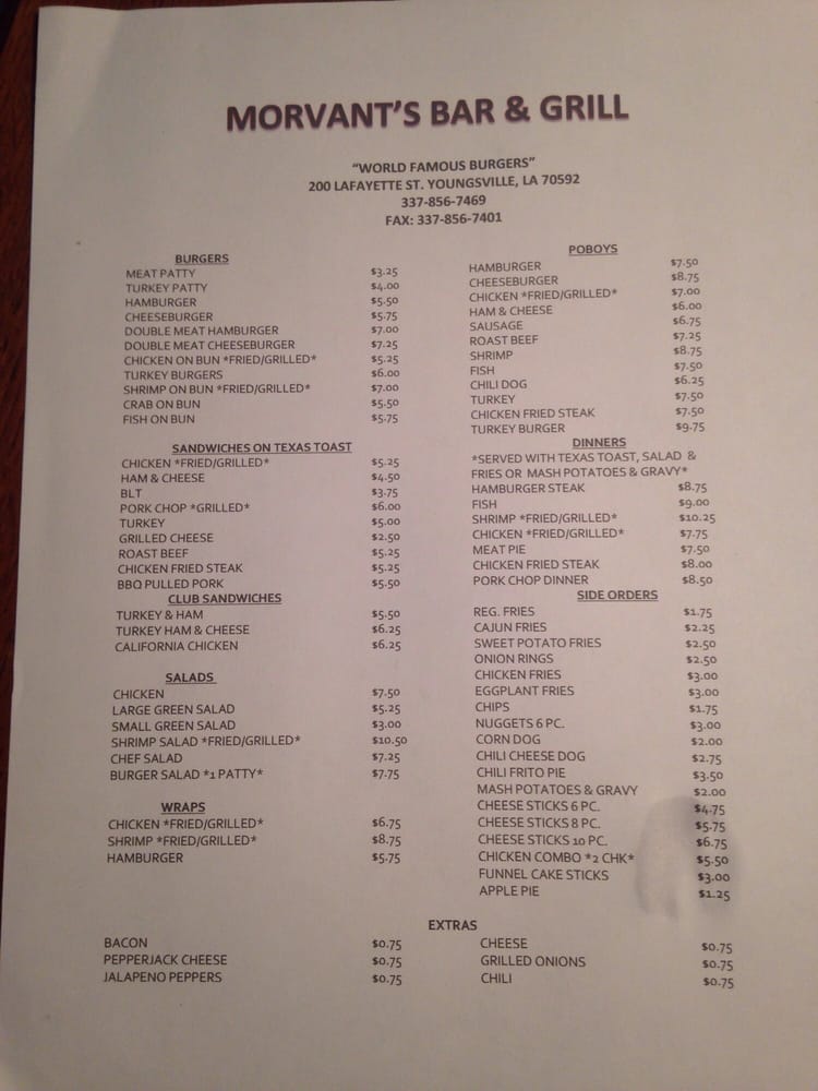 Online Menu of Morvants Bar & Grill Restaurant, Youngsville, Louisiana