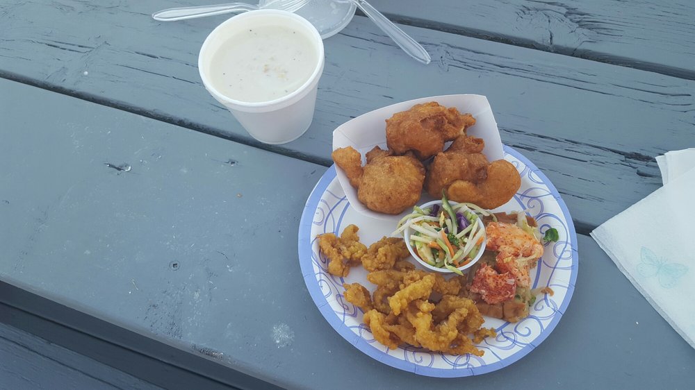 New England clam chowder, clam cakes, fried clam strips