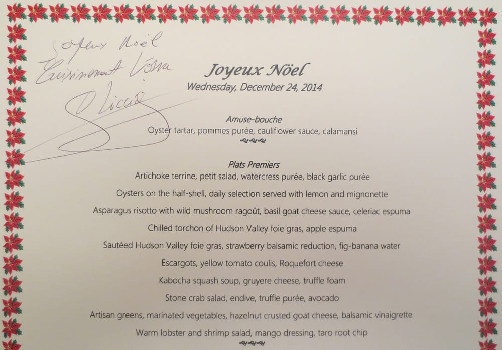 Christmas Eve 2014 menu signed by Chef Roland Liccioni. Yelp