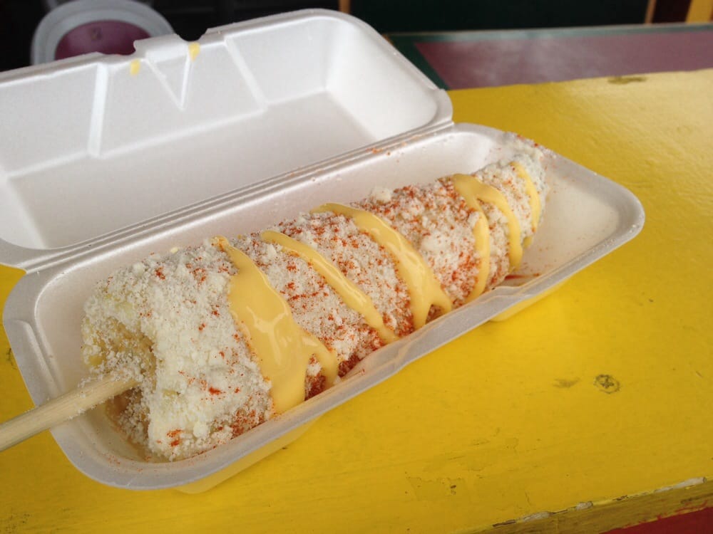 Elote Cocido with everything (mayo, cotija cheese, chili powder, and