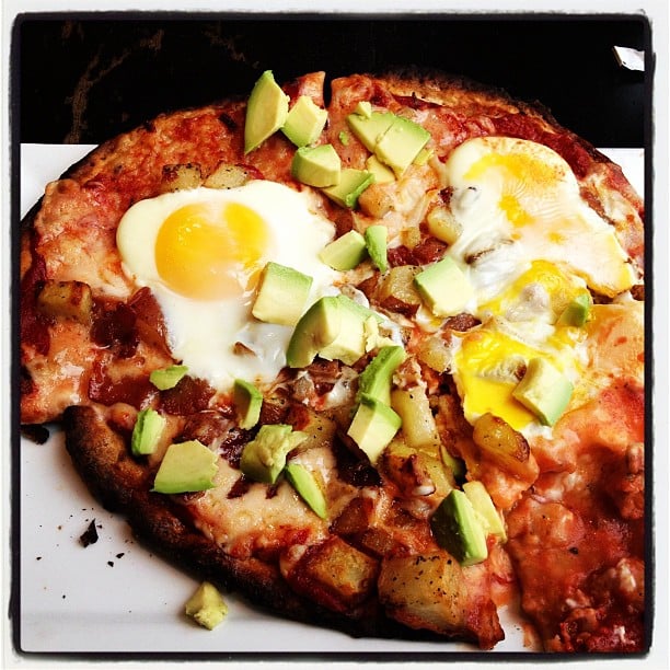 Breakfast pizza with soy cheese, bacon, and avacado Yelp