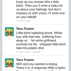 Taco Fusion - Tampa, FL, United States. A screen grab DIRECTLY from the 'Taco Fusion' facebook TO a customer's negative review.