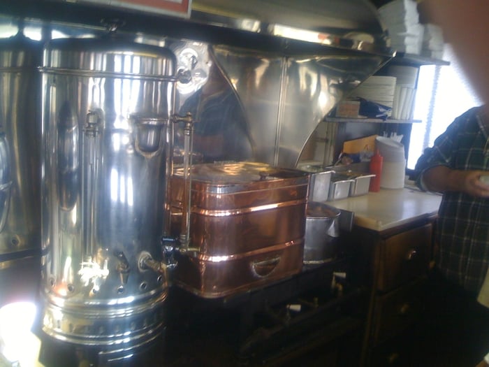 The huge coffee urn and the originalspec copper hot dog steamer Yelp